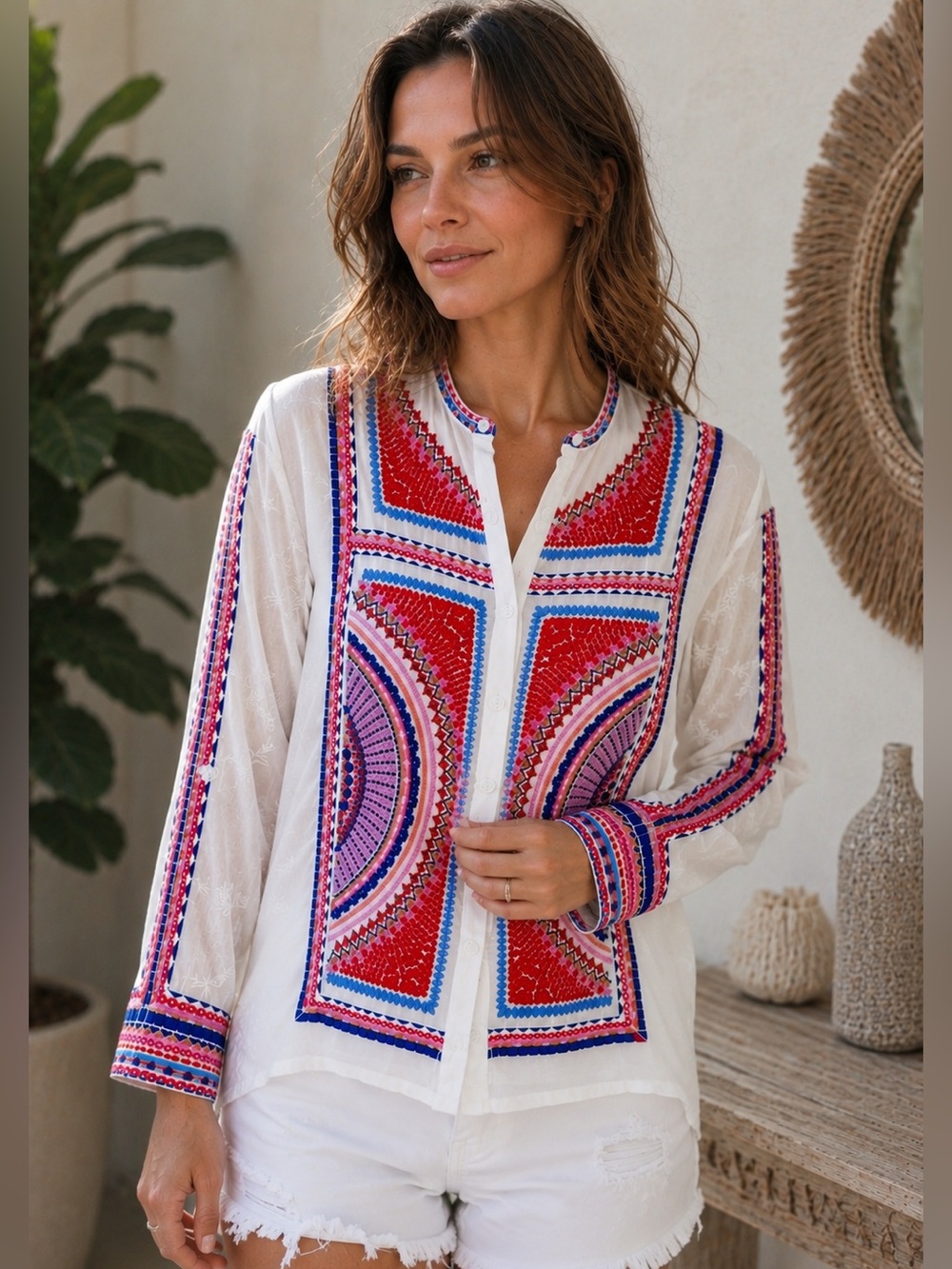 Johnny Was Audrey Mandarin Collar Embroidered Blouse | XS